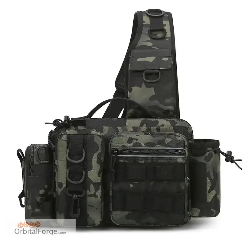 Military-style tactical sling bag in camouflage pattern.