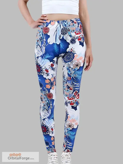 Floral Camouflage Leggings with Slim Stretch for stylish casual wear in blue, white, and coral