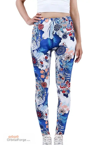 Floral Camouflage Leggings with Slim Stretch, perfect for casual wear, in blue and coral