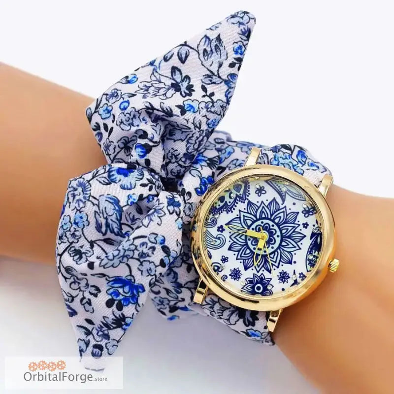 Floral Fabric Bracelet Watch in Blue and White with Gold-Tone Case for stylish elegance