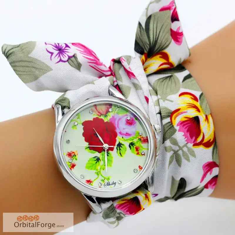 Floral Fabric Bracelet Watch with Bow Style Band featuring a vibrant floral pattern