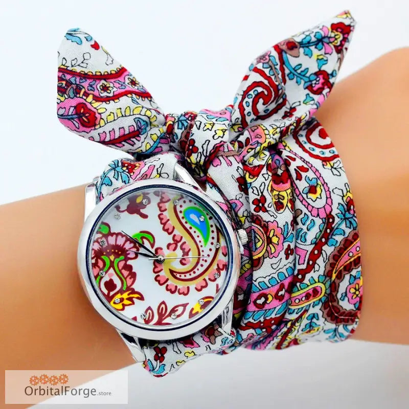 Colorful paisley-patterned floral fabric bracelet watch with a stylish bow tie