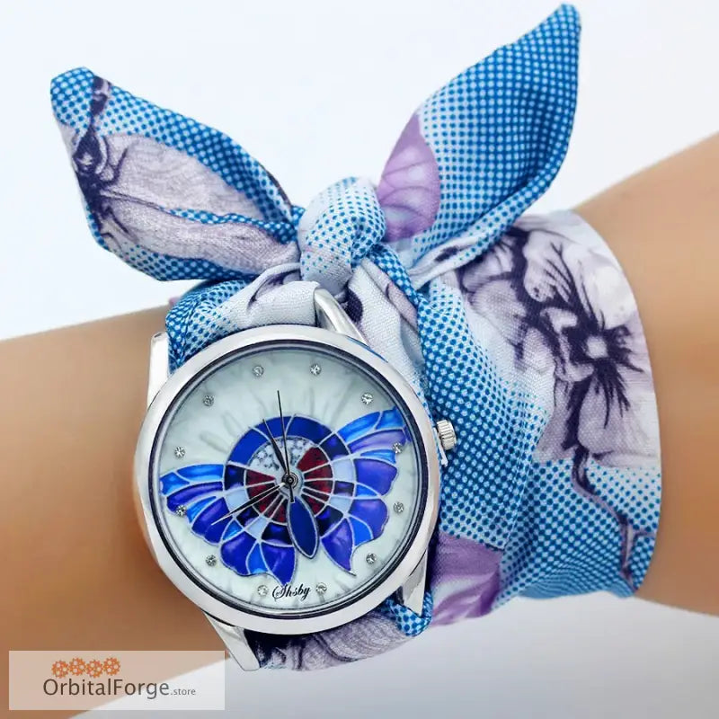 Floral Fabric Bracelet Watch with Elegant Blue Design and Bow Band floral fabric design