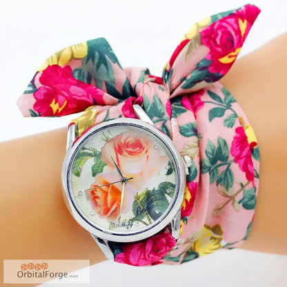 Floral Fabric Bracelet Watch with elegant pink and red roses on a fabric bow band