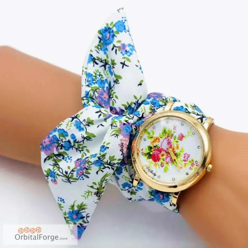 Floral Fabric Bracelet Watch with Gold-Tone Case and Bow Band in vibrant floral print