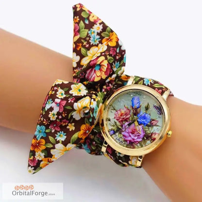 Floral Fabric Bracelet Watch with Matching Bow Band featuring vibrant floral print design