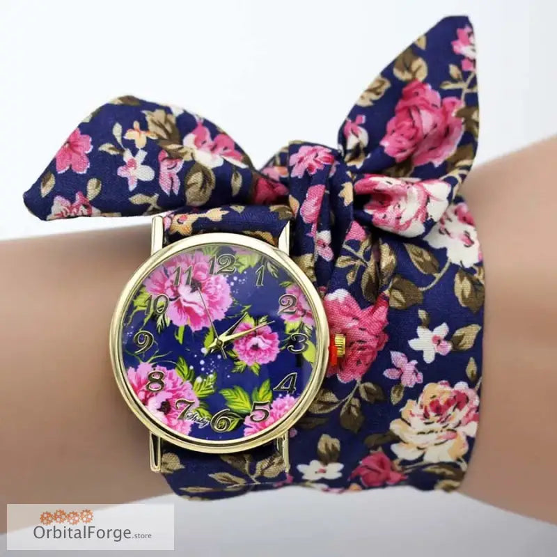 Floral Fabric Bracelet Watch featuring Navy Blue and Pink Roses with matching bow band