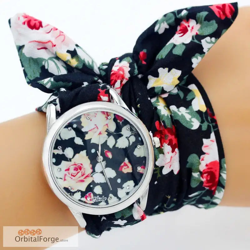 Floral Fabric Bracelet Watch featuring navy, pink and white rose print fabric band