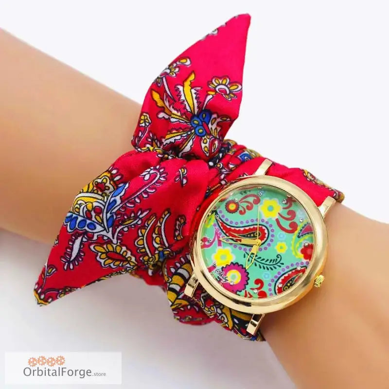 Colorful Floral Fabric Bracelet Watch with a Paisley Patterned Band tied in a bow