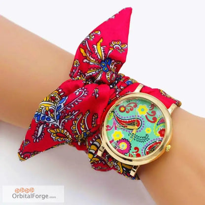 Colorful Floral Fabric Bracelet Watch with a Paisley Patterned Band tied in a bow