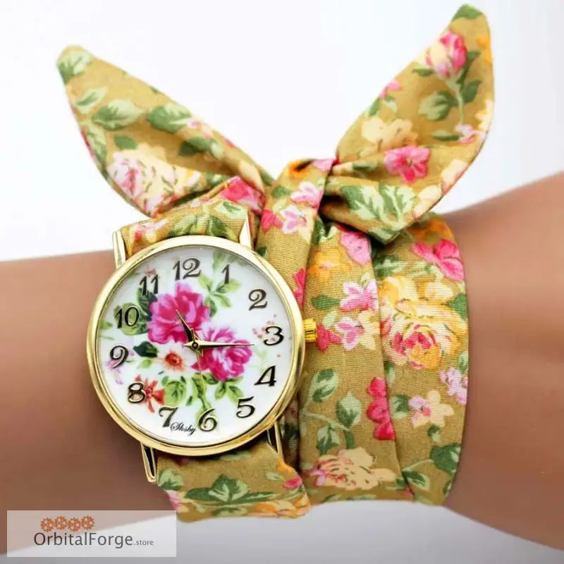 Floral Fabric Bracelet Watch with Rose Pattern and Yellow Bow for stylish accessorizing