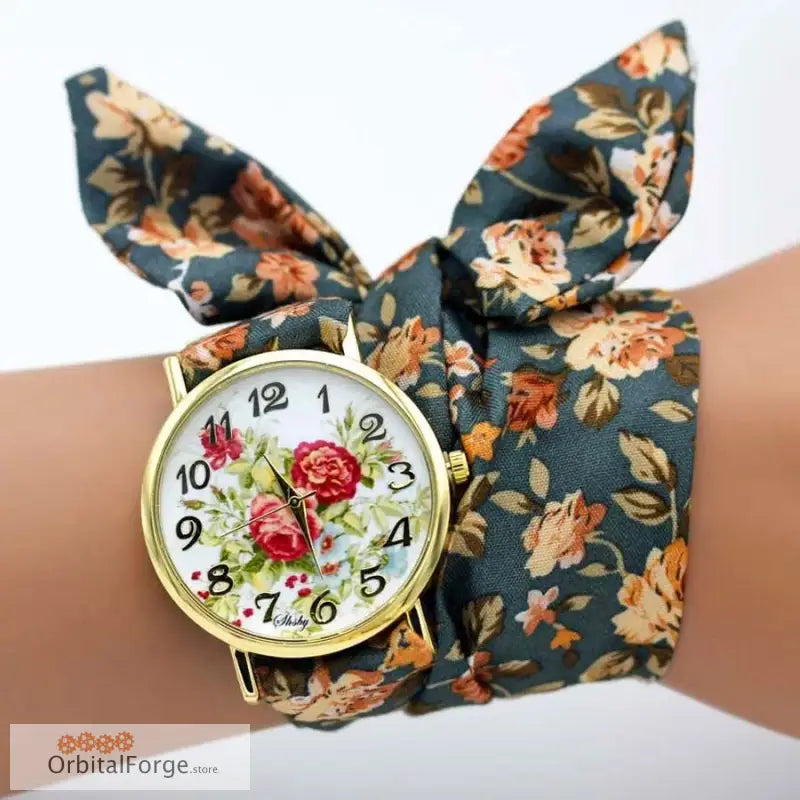 Floral Fabric Bracelet Watch with Stylish Bow Band featuring a vibrant floral pattern