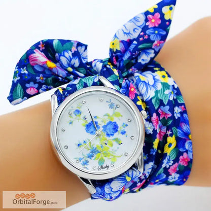 Floral Fabric Bracelet Watch with Bow-Style Band and Blue Pink Flowers on Navy Background