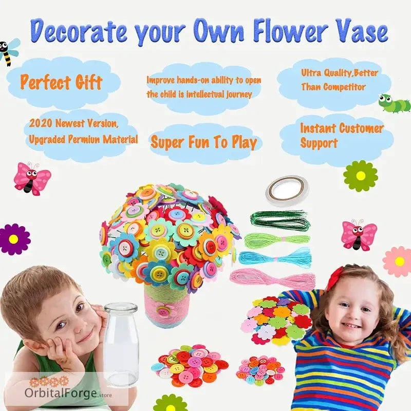 Flower Craft Kit Bouquet - DIY Felt Flowers & Button Vase Art Toy for Kids’ Creative Projects Perfect Gift for Boys &