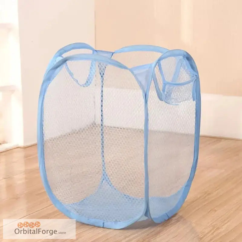 Folding Mesh Laundry Basket - Large Capacity Dirty Clothes & Toy Storage Bag for Home Organisation - Sky Blue