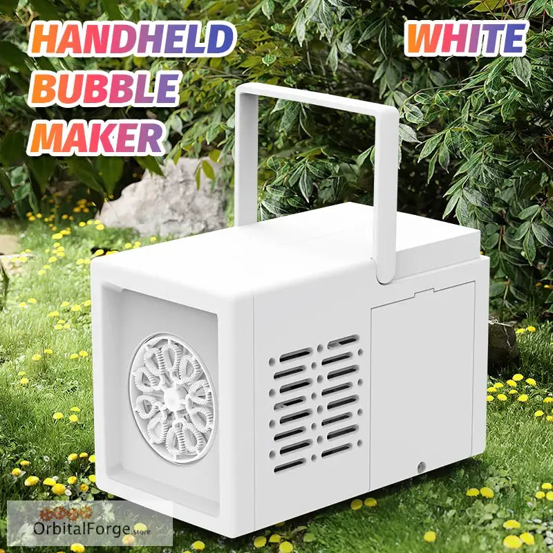 White handheld bubble maker.