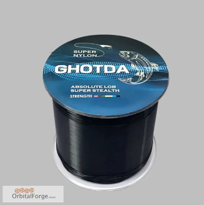 Black fishing line spool with Ghotda branding on blue label for nylon fishing