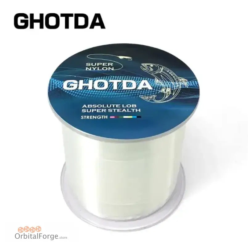 Clear fishing line spool with GHOTDA branding on a blue label for nylon fishing