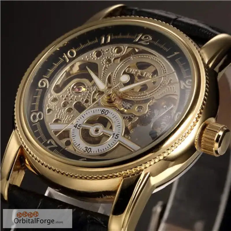 Luxury Gold-Toned Skeleton Watch with 40mm Polished Case and Black Leather Strap