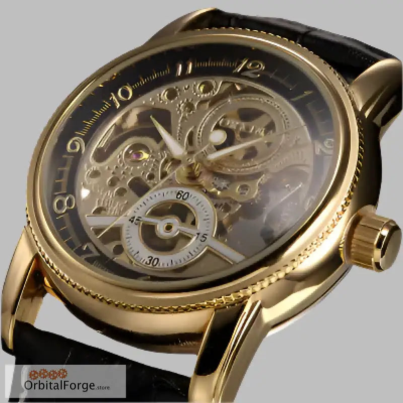 Gold-toned Skeleton Watch featuring a 40mm polished case and black leather strap