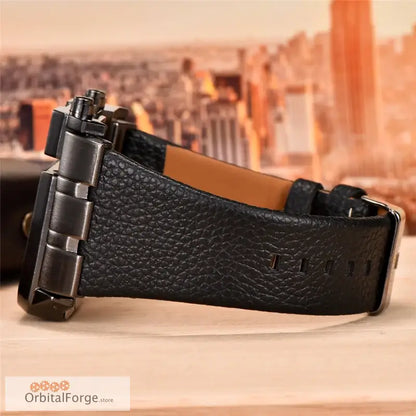 Black leather watch strap with dark metal buckle for Gunmetal Grey Quartz Watch