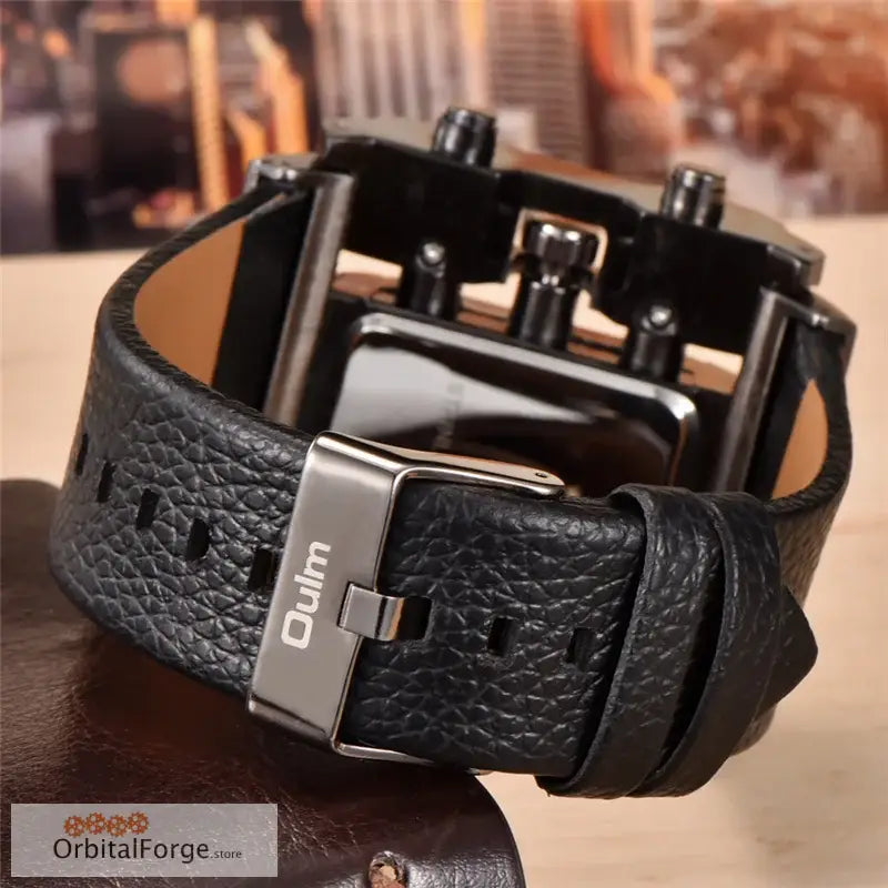 Black leather watch band with metal clasp for Gunmetal Grey Quartz Watch with White Dial