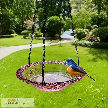 Blue and orange bird perched on a decorative pink glass bird bath.