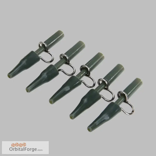 Five green fishing lead clips with metal rings for durable carp fishing