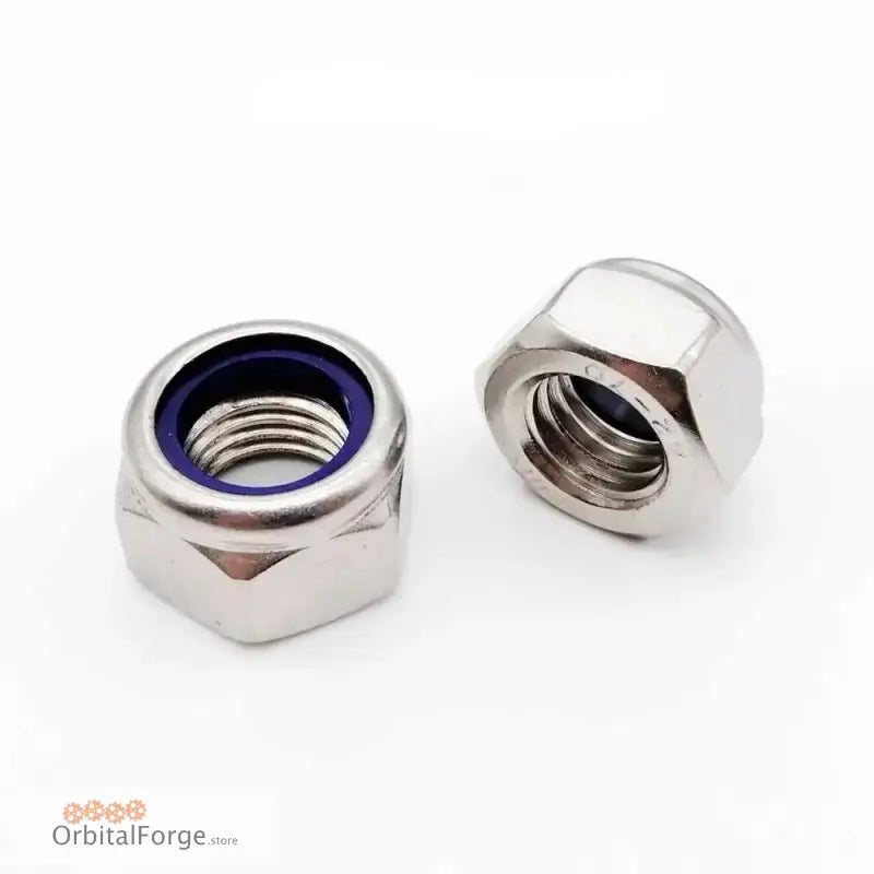 Stainless steel nylon lock nuts with a blue nylon insert ring.