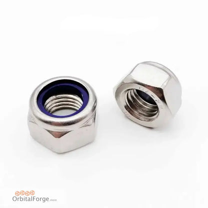 Stainless steel nylon lock nuts with a blue nylon insert ring.