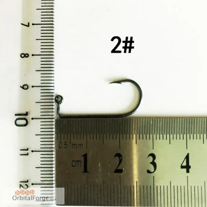 Curved 2# Aberdeen Fishing Hook made of high carbon steel next to a measuring ruler