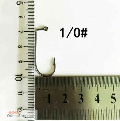 Fishing hook labeled 1/0# with rulers, showcasing High Carbon Steel Aberdeen Fishing Hooks