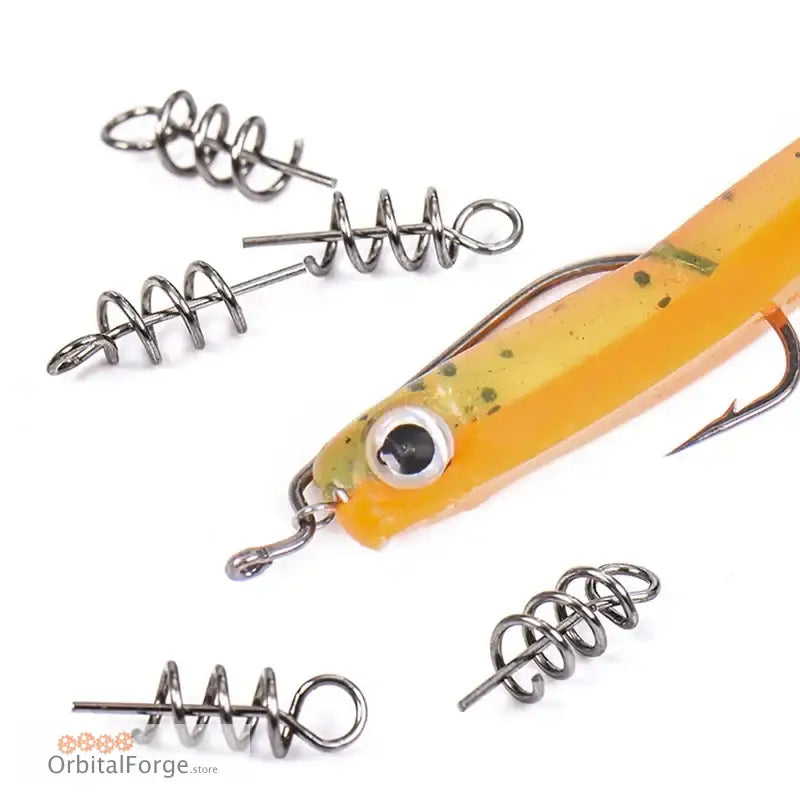 Orange fishing lure with metal spring attachments for soft lure baits in High-Carbon Steel