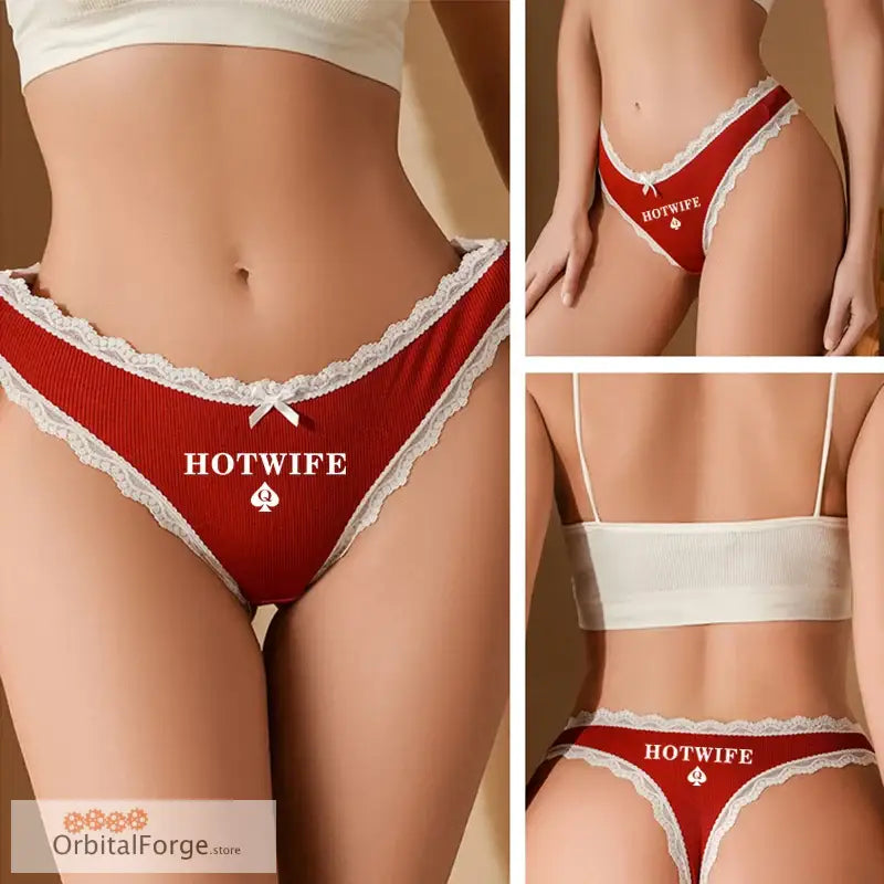 Hot Wife Naughty Lace Thong - Women’s Sexy Low-Rise G-String with Bow Cute & Comfortable Lingerie - Red / 10 - 12 / 1pc