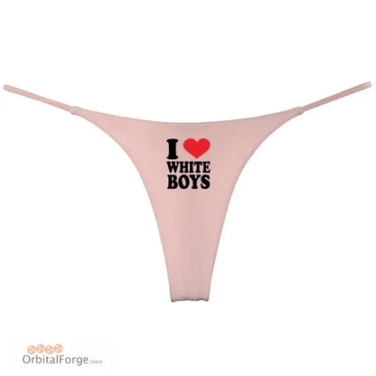 I Love White Boys Women’s Cotton Thong - Seamless Low-Rise G-String Cute & Comfortable Lingerie Gift - Light Pink / 12