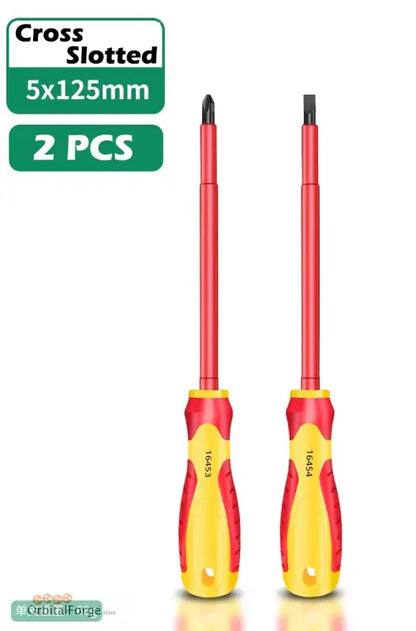 Two screwdrivers with red shafts and yellow and red handles.