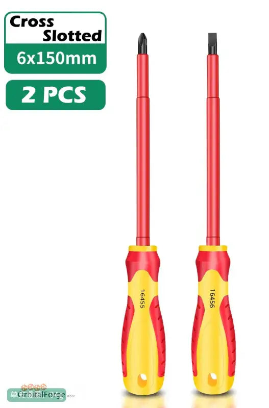 Two screwdrivers with red and yellow handles.