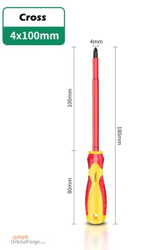 Red and yellow cross-head screwdriver with dimensions.