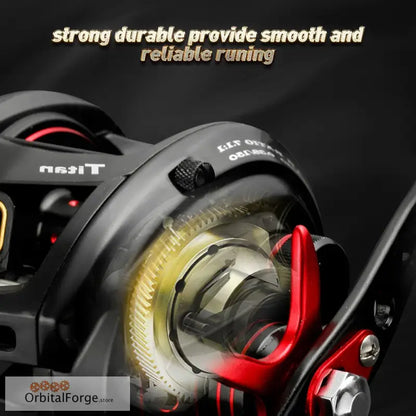 Baitcasting fishing reel with black and red accents.