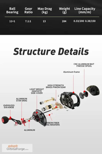 Fishing reel with exploded view showing internal components and structural details.