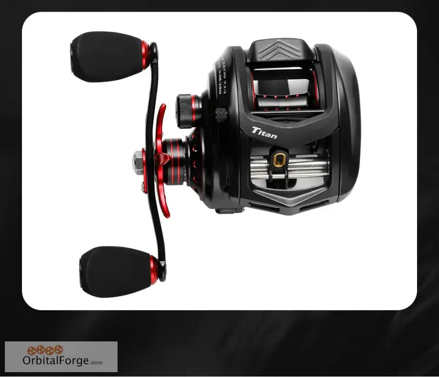 Black and red baitcasting fishing reel with metallic accents.