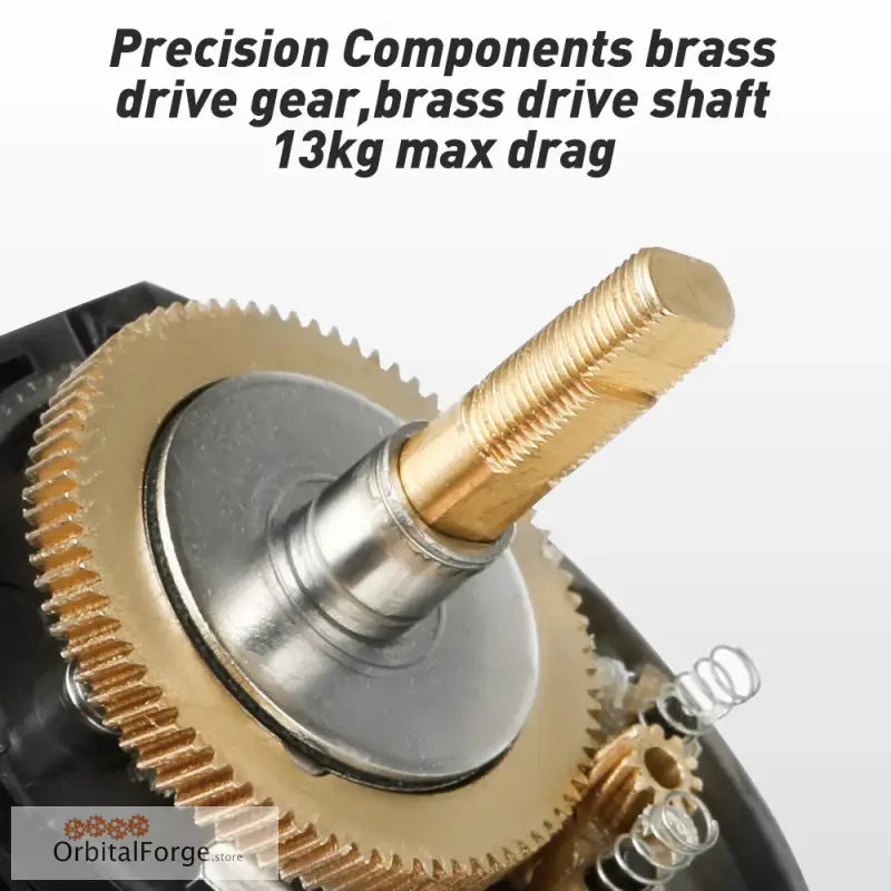 Brass drive gear and shaft mechanism with precision components rated for 13kg maximum drag.