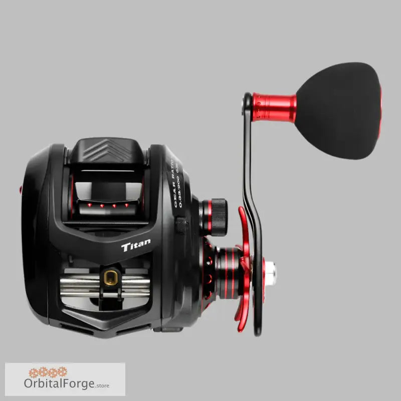 Black and red JOHNCOO Baitcasting Reel with paddle handle and smooth gear ratio