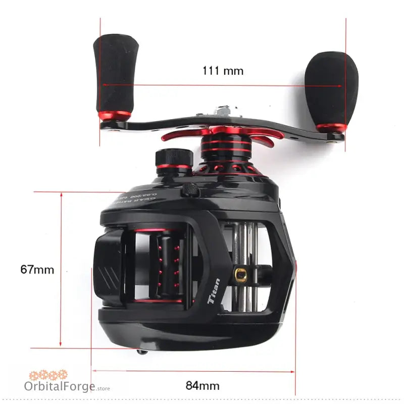 Black and red baitcasting fishing reel with dual handles.