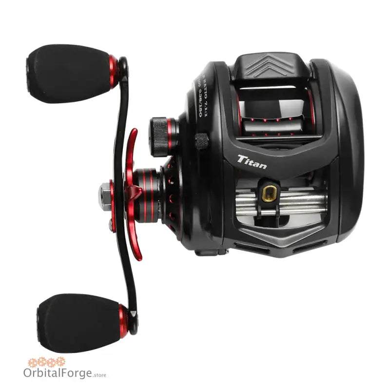 Black and red baitcasting fishing reel with mechanical gears and handle.