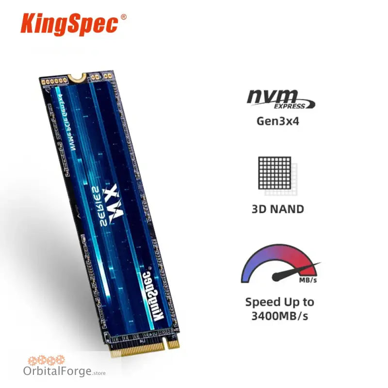 KingSpec NVMe M.2 SSD with blue heatsink and 3400MB/s speed rating.