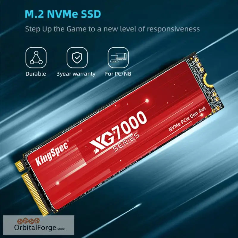 Red KingSpec XG7000 series M.2 NVMe SSD drive with gold connectors.