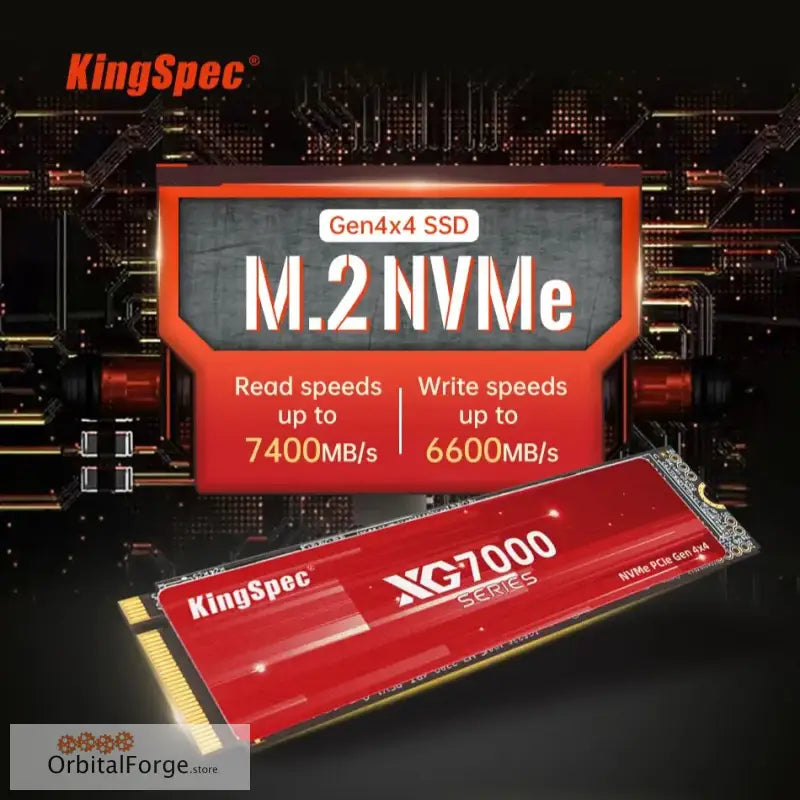 Red KingSpec XG7000 M.2 NVMe SSD with read speeds up to 7400MB/s and write speeds up to 6600MB/s.