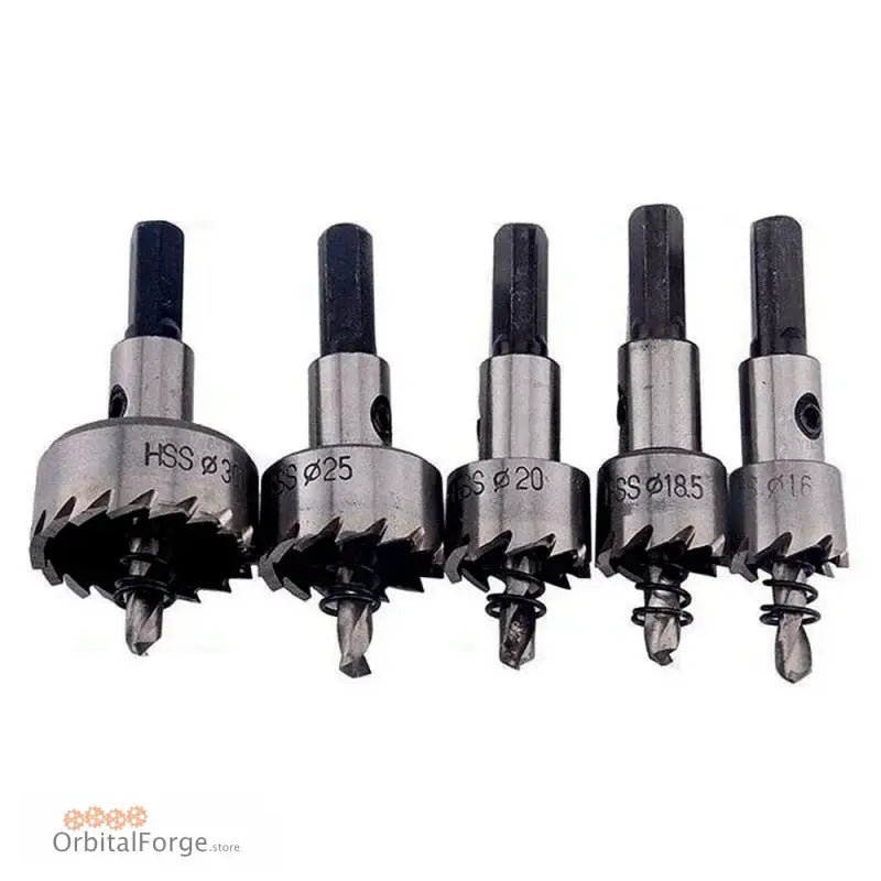 Set of five HSS hole saw drill bits arranged in descending size order.