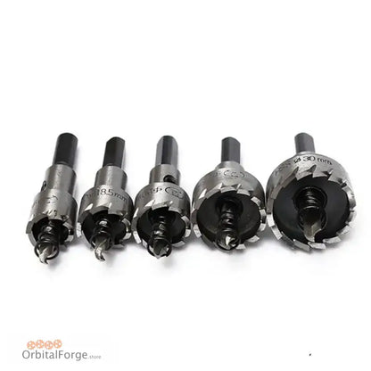 Set of five carbide-tipped hole saw drill bits arranged in ascending size order.